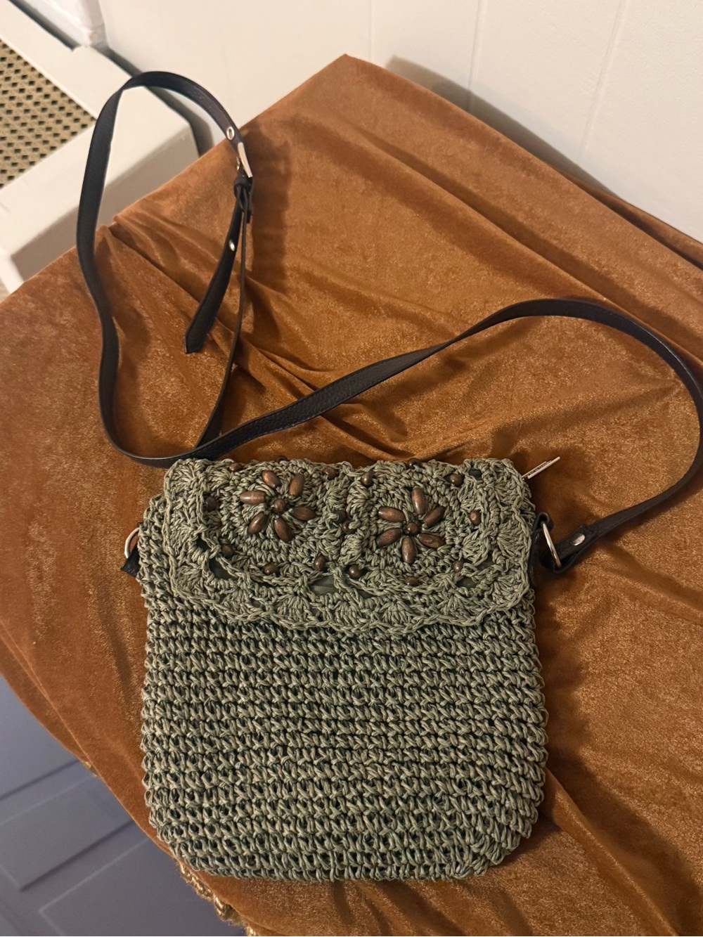 Sun N Sand Naturals Green Crochet Crossbody Bag Wood Beaded Floral Boho Purse